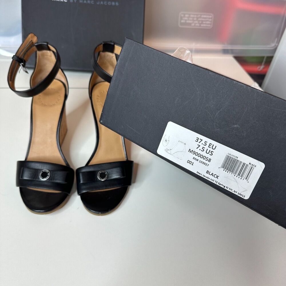 Marc by Marc Jacobs Black Leather & Cork Wedge Ankle Strap Sandals Silver 7.5 - Picture 5 of 11